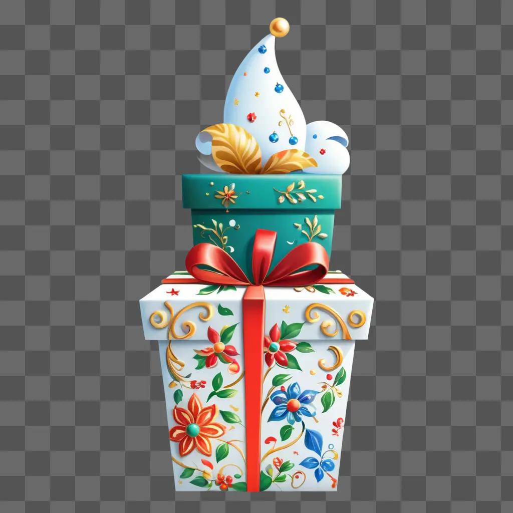 Three colorful gifts in a stack with festive decorations