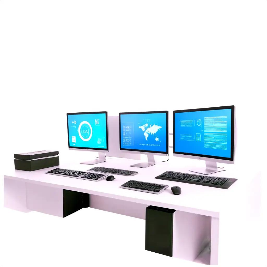 Three computer monitors on a white desk