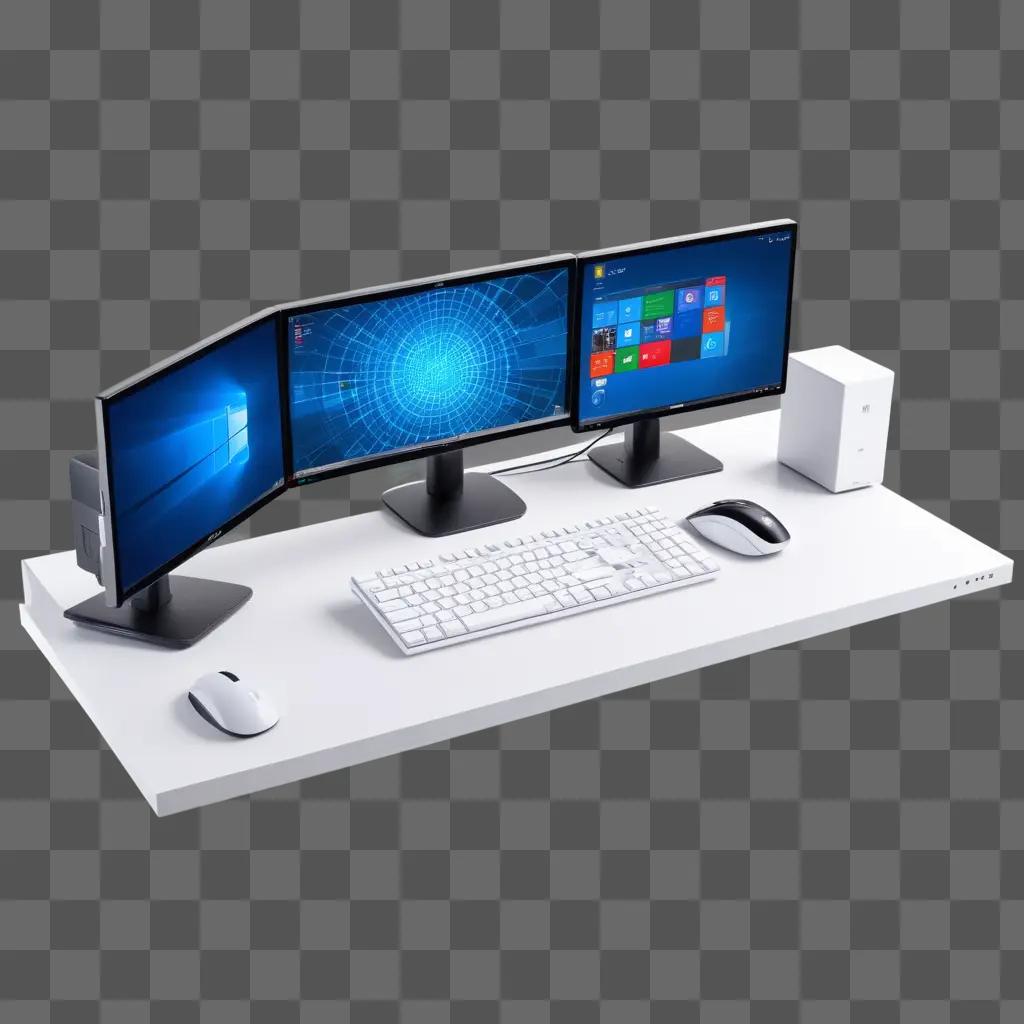 Three computer monitors sitting on a desk