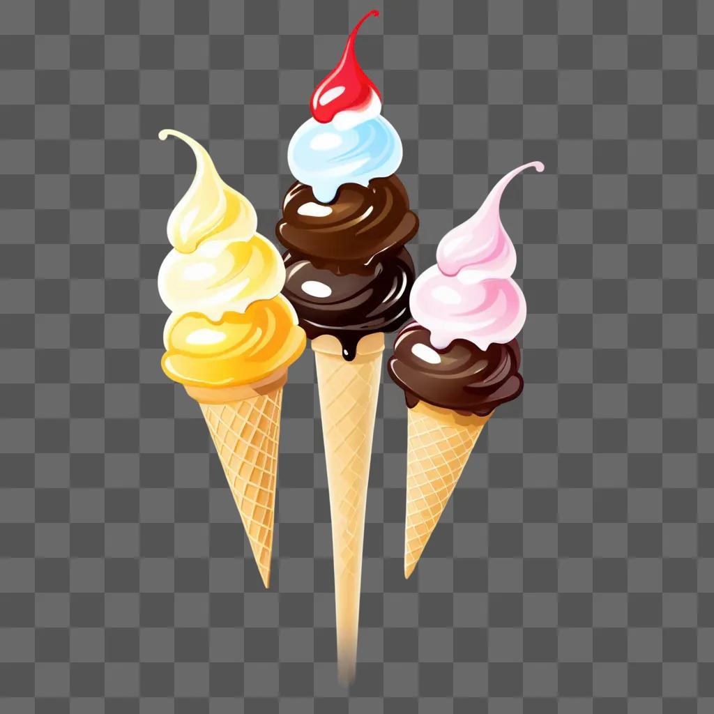 Three cones of ice cream with colorful toppings