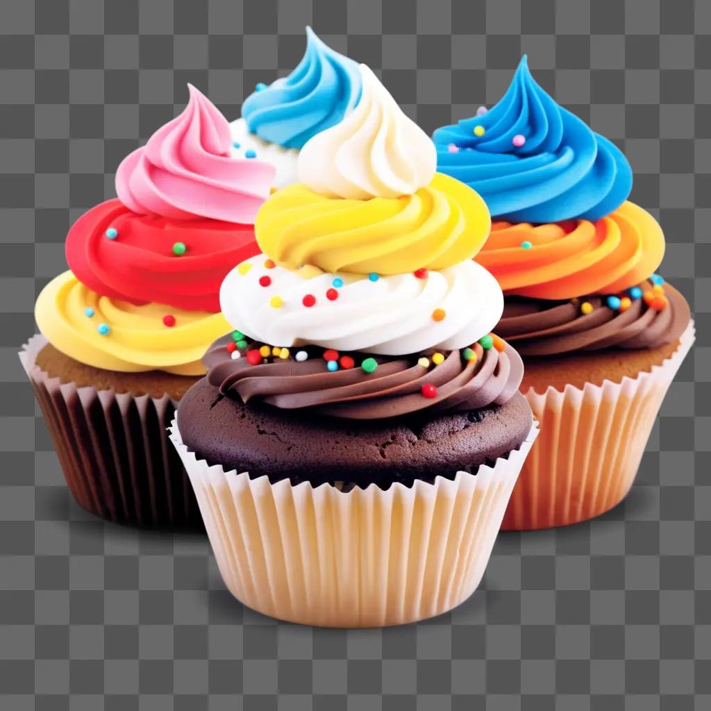 Three cupcakes with colorful frosting and sprinkles