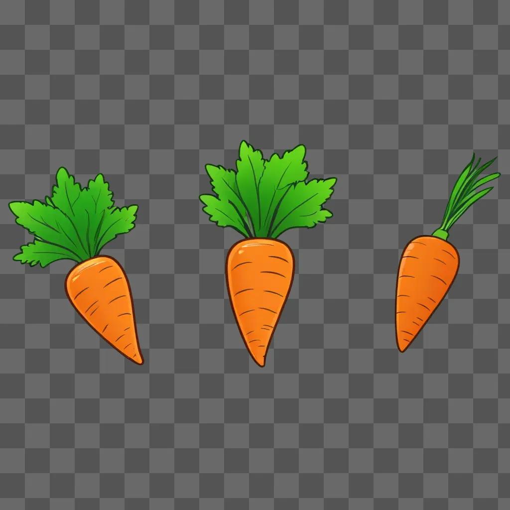 Three cute carrots with green tops on a brown background