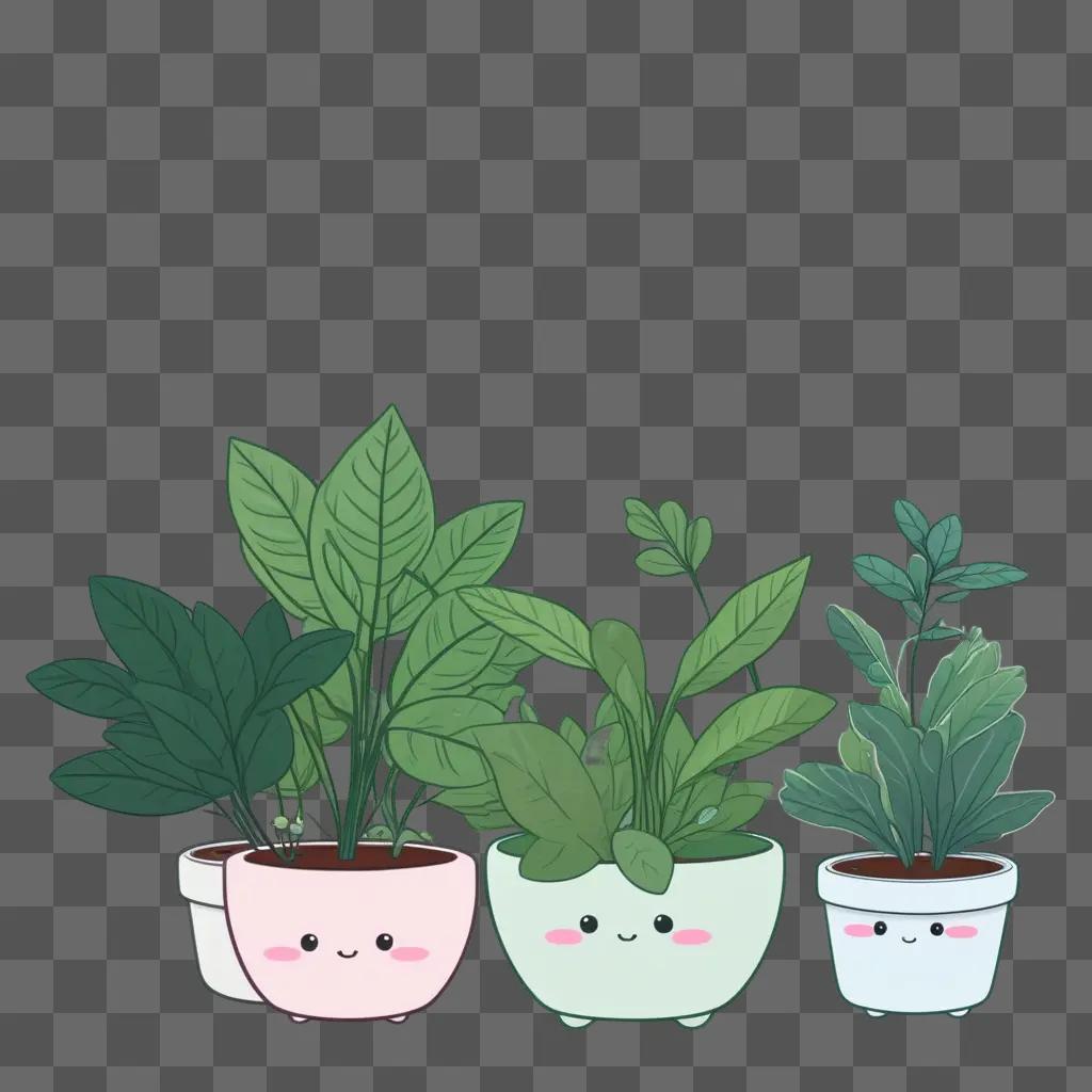 Three cute plant drawings on a green background