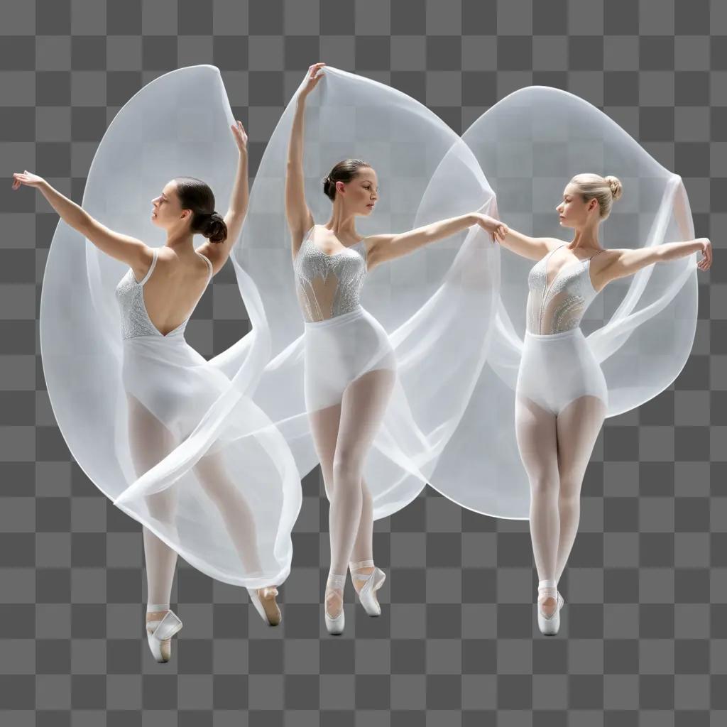 Three dancers in white leotards and tights in a transparent image