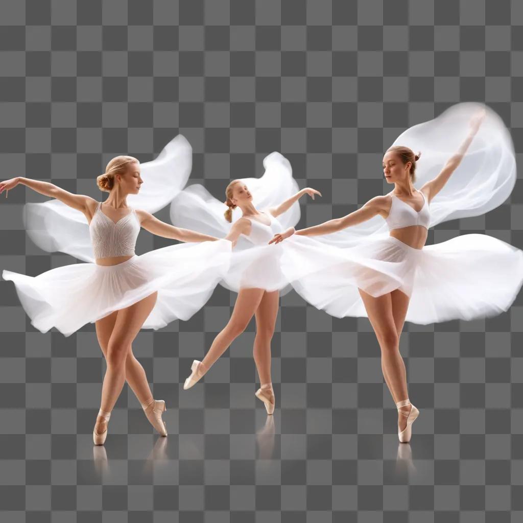 Three dancers in white perform a dance with a transparent backdrop