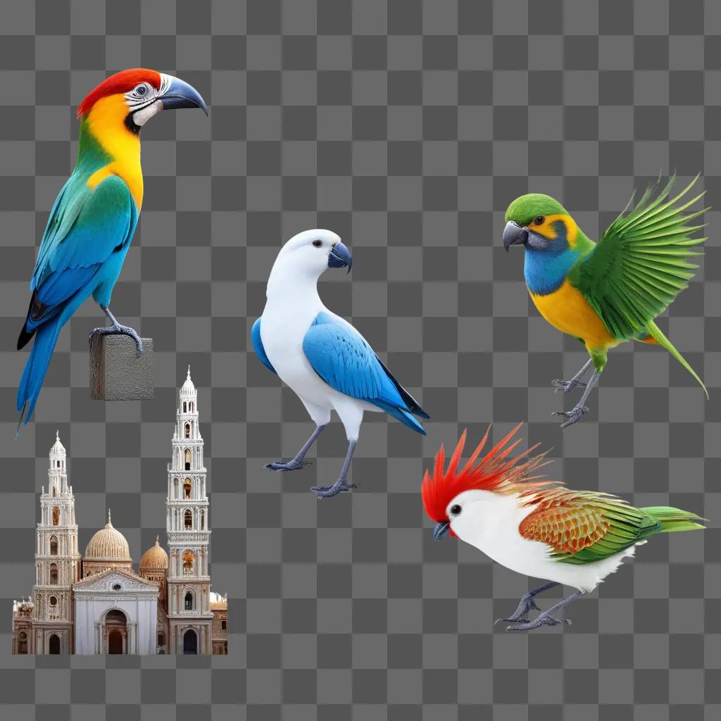 Three-dimensional images of colorful birds in a building