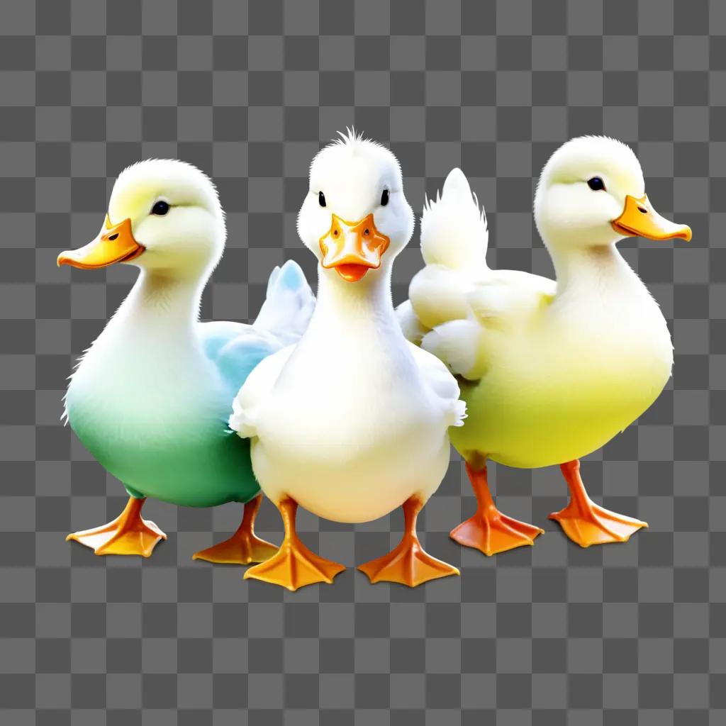 Three ducks stand together in a colorful scene