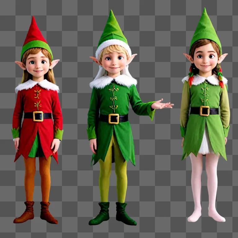 Three elves in festive attire stand together