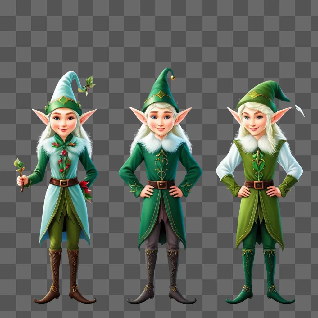 Three elves in green outfits pose together