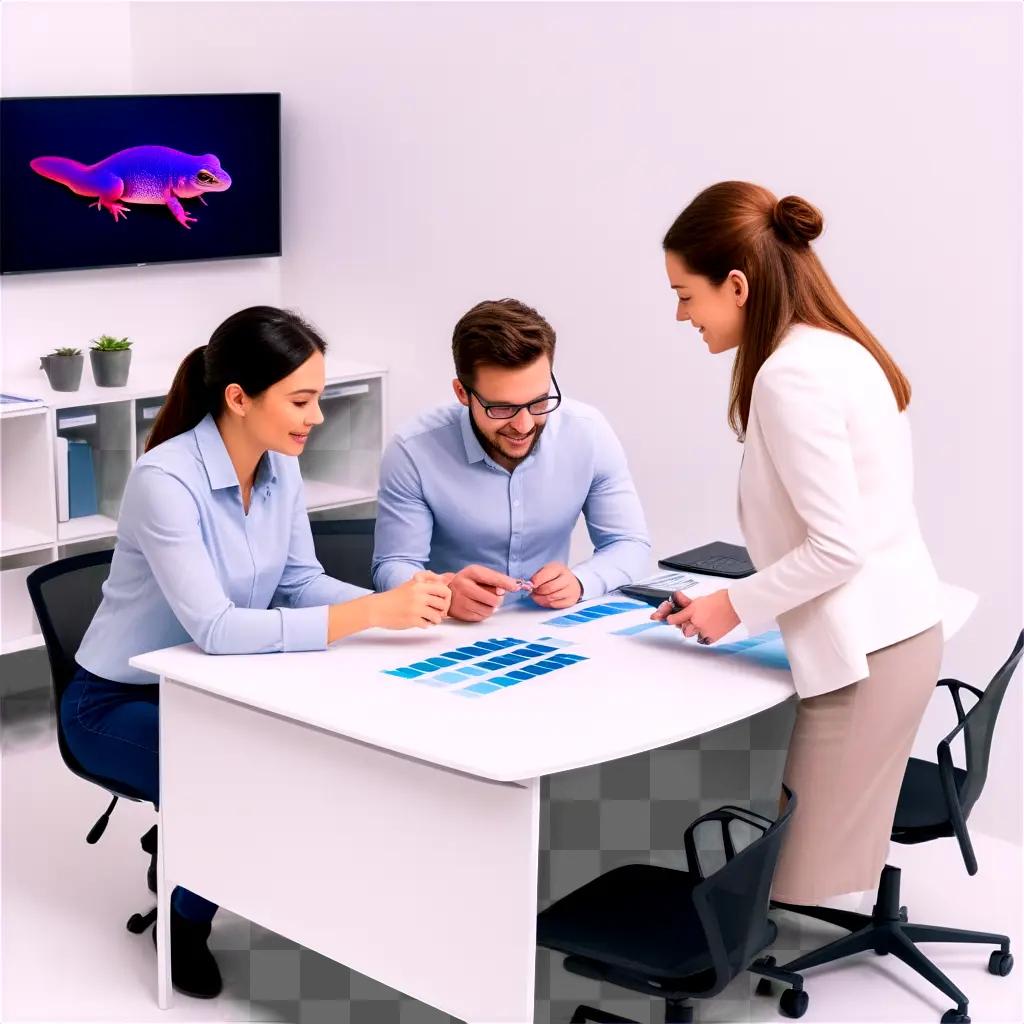 Three employees work on a whiteboard in a well-organized office