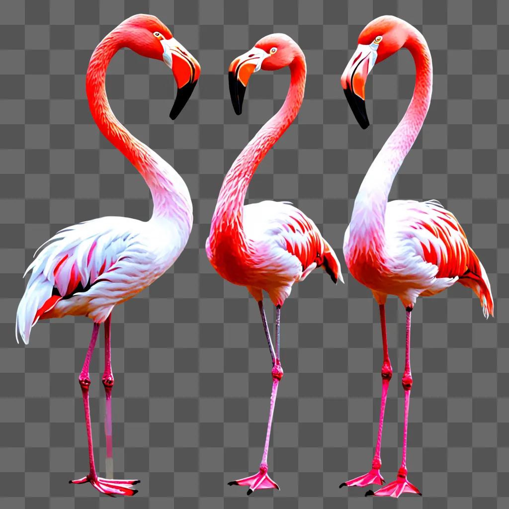 Three flamingos are shown in a heart shape