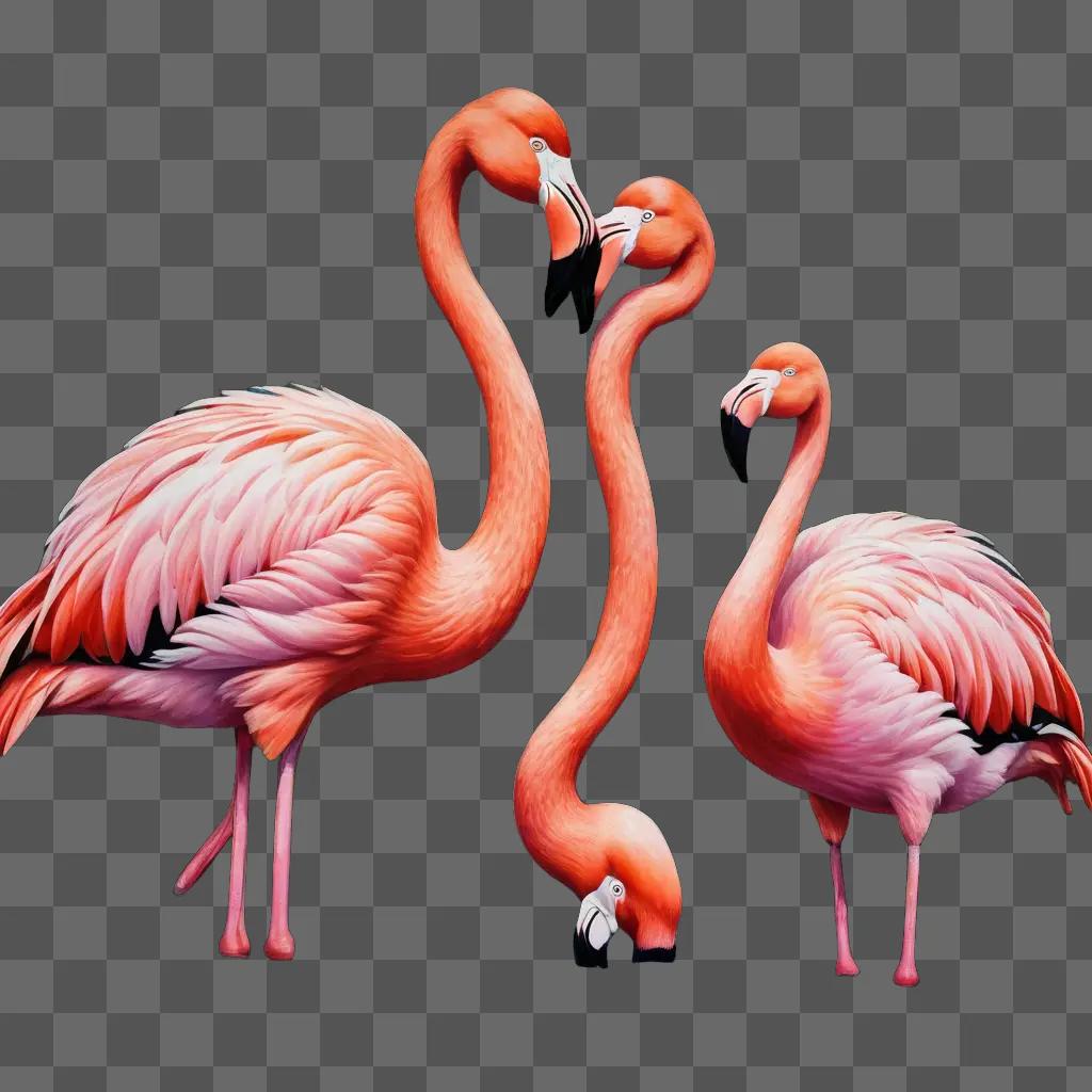 Three flamingos in a love heart pose