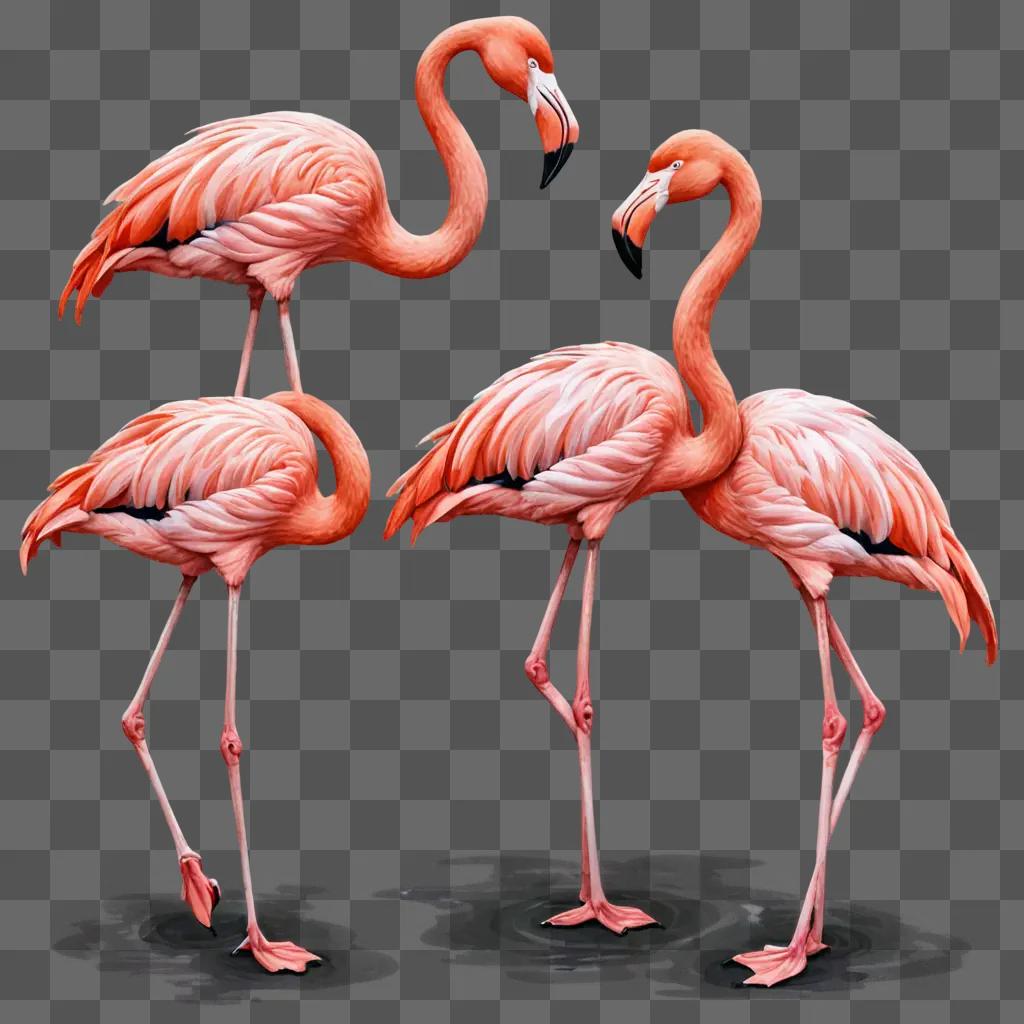 Three flamingos in a pink drawing