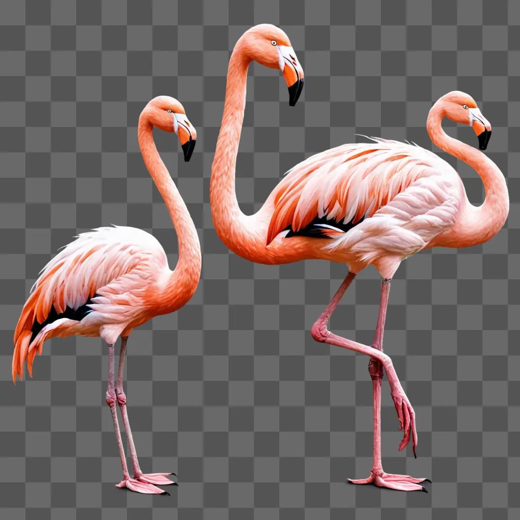 Three flamingos in a pink drawing with realistic colors