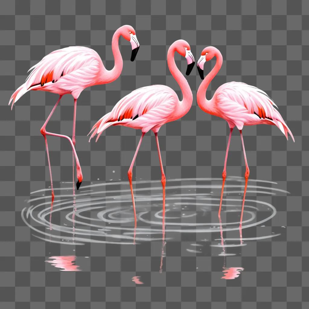 Three flamingos in a pink watery scene