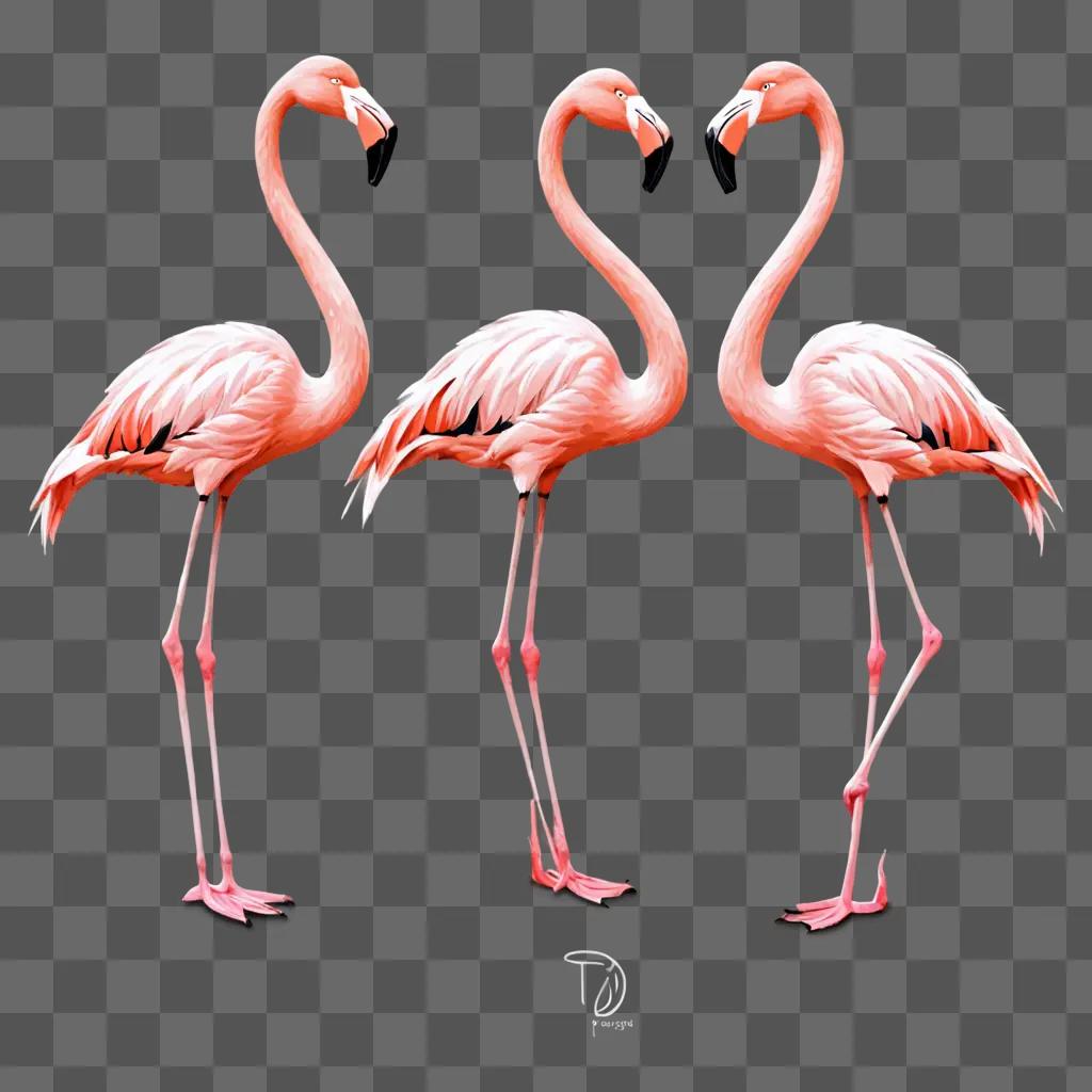 Three flamingos make a heart shape on a pink background