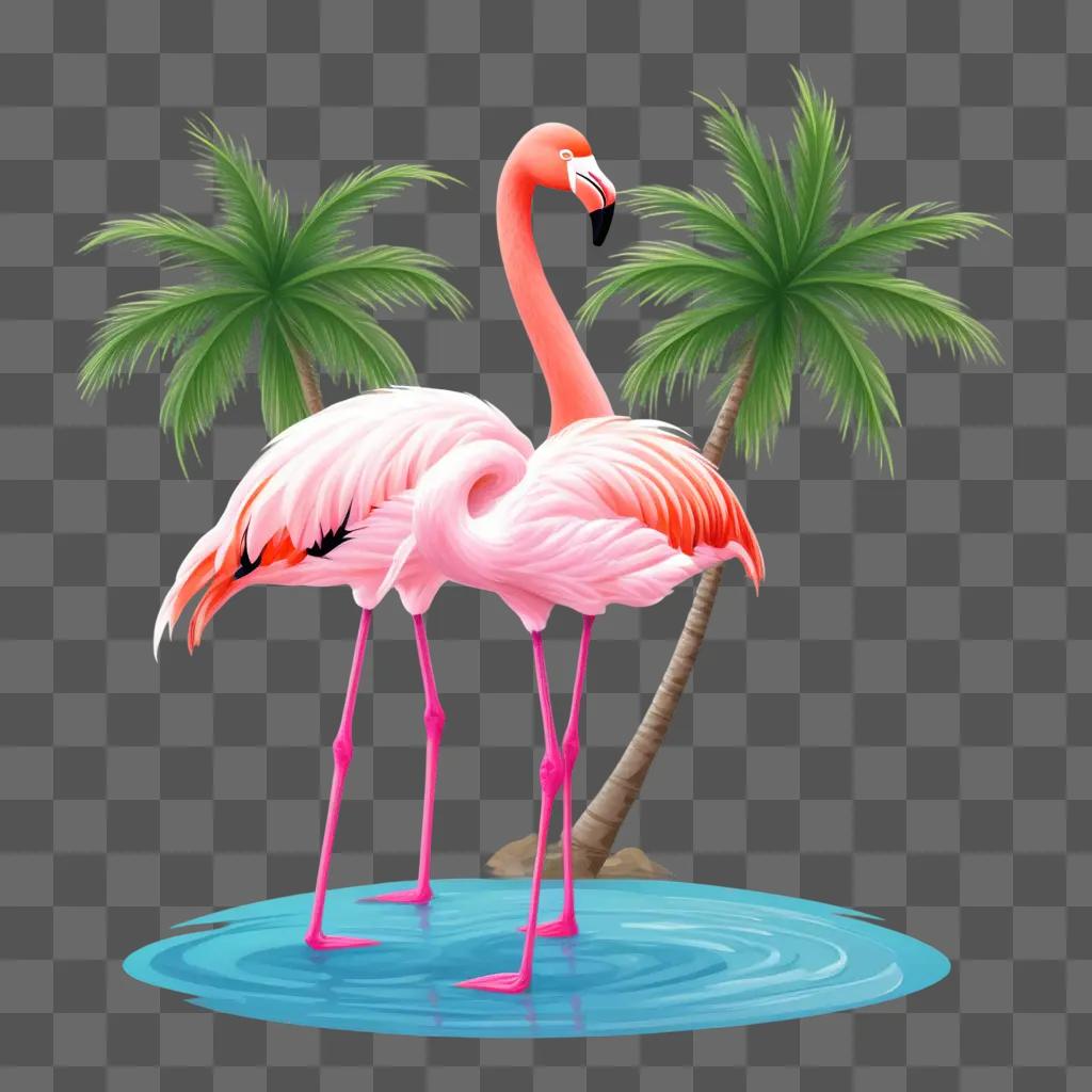 Three flamingos stand in water near palm trees