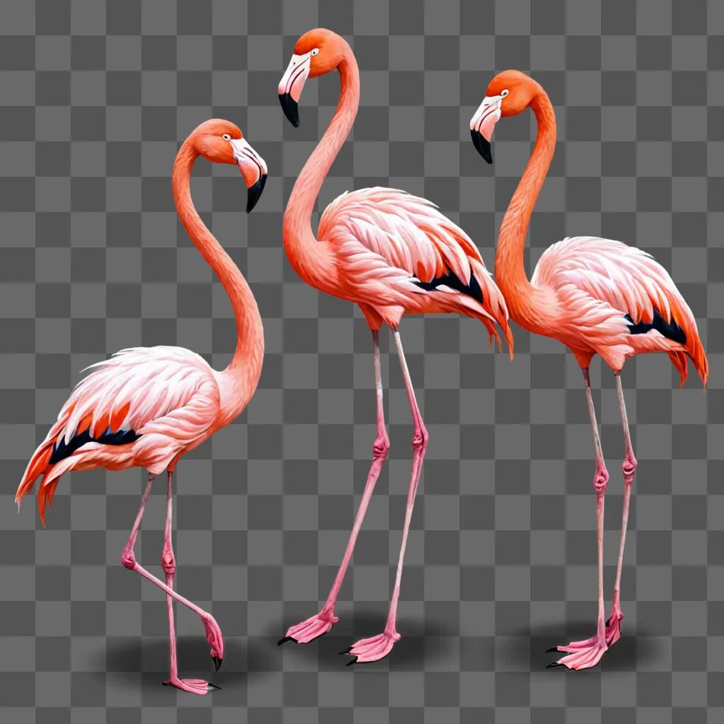 Three flamingos standing in a line