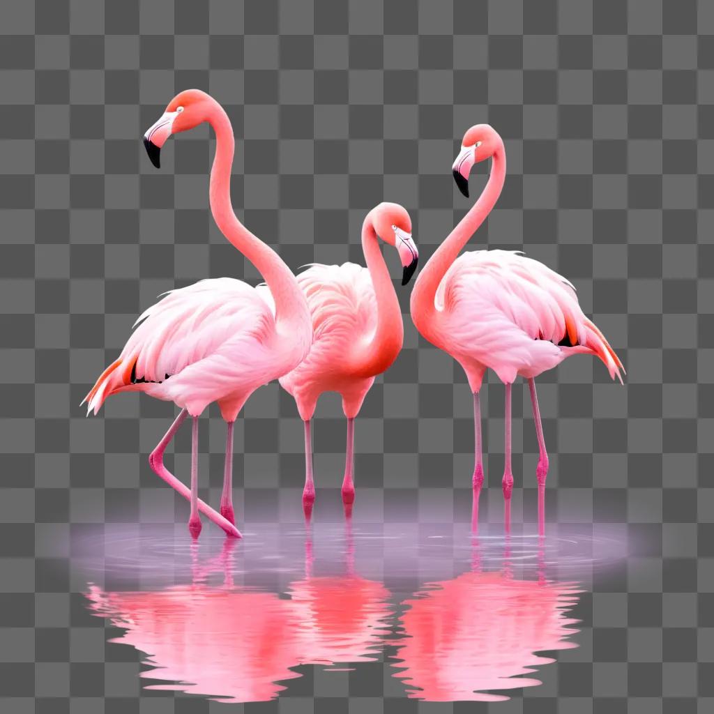 Three flamingos standing in pink water