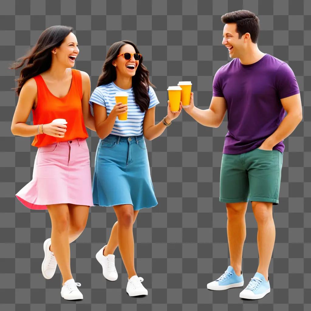 Three friends walking together, laughing and holding cups