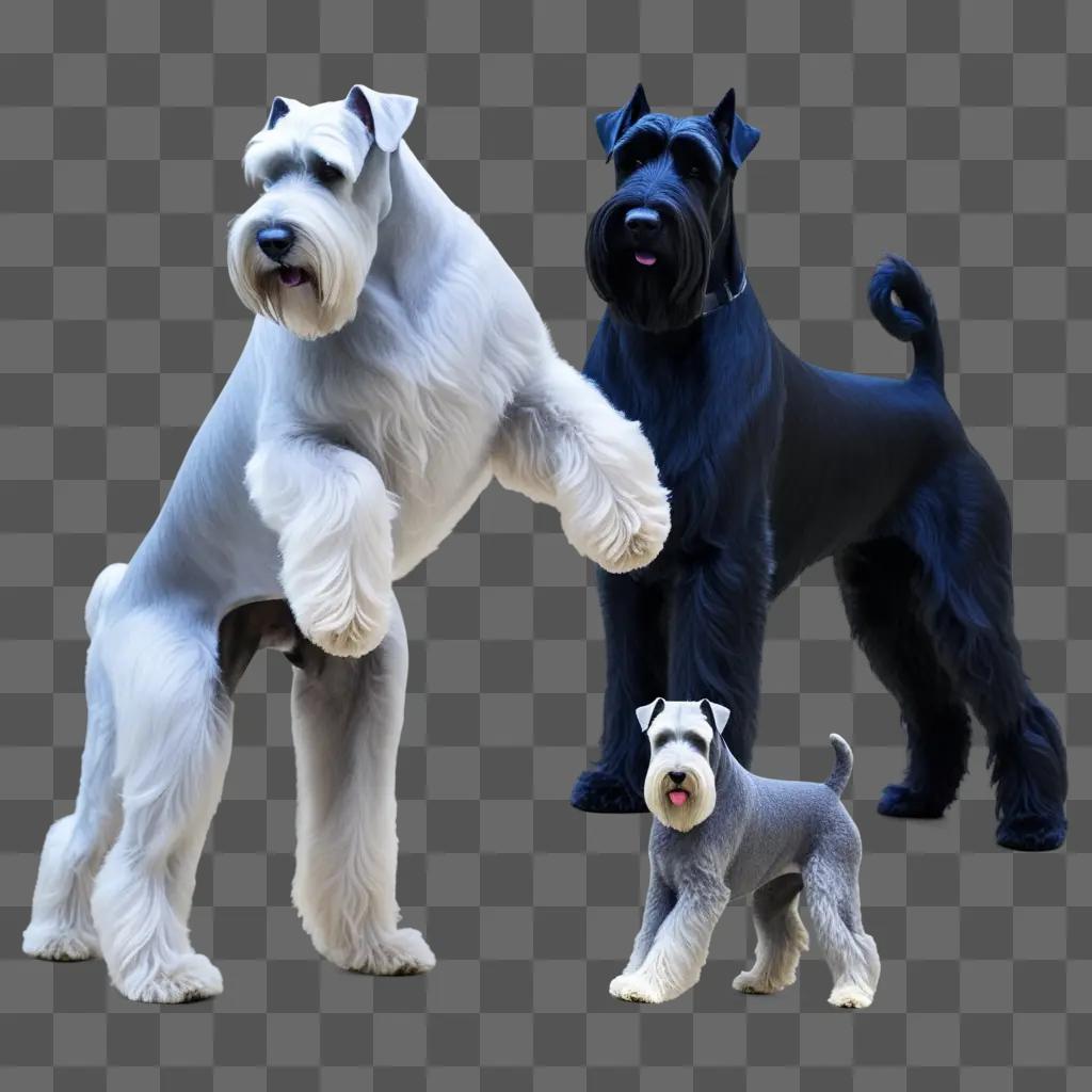 Three giant schnauzer dogs with salt and pepper coloring