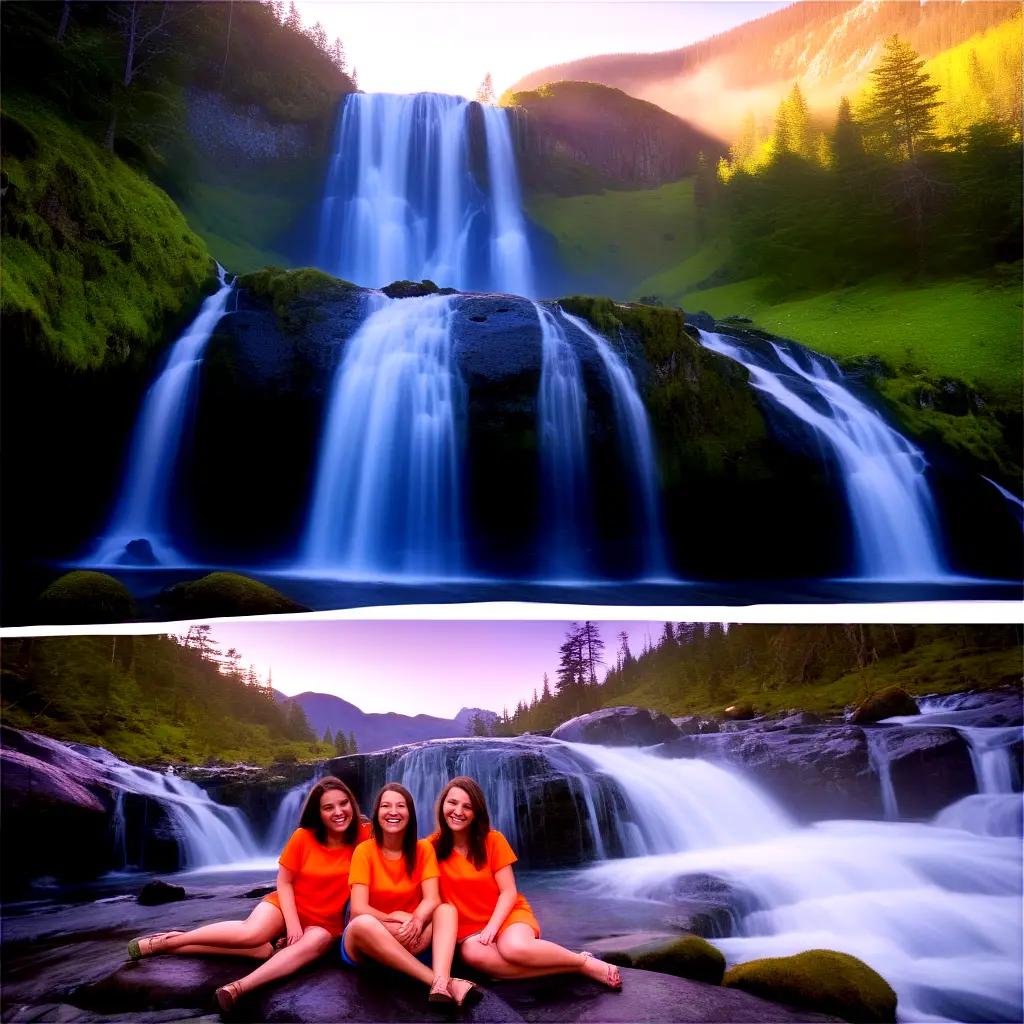 Three girls pose near a 3D waterfall