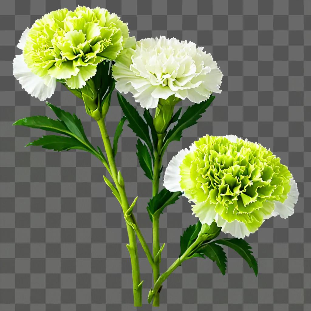 Three green and white carnations on a green background