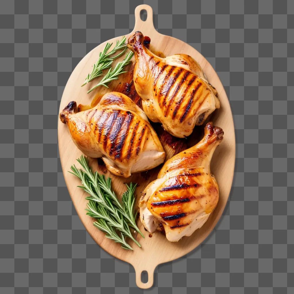 Three grilled chicken breasts on a wooden board with rosemary