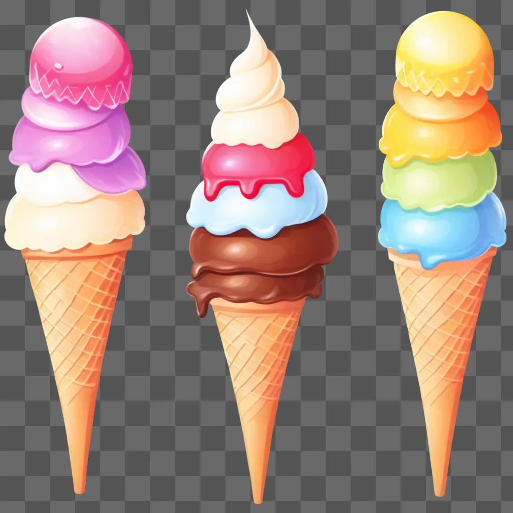 Three ice cream cones with different toppings