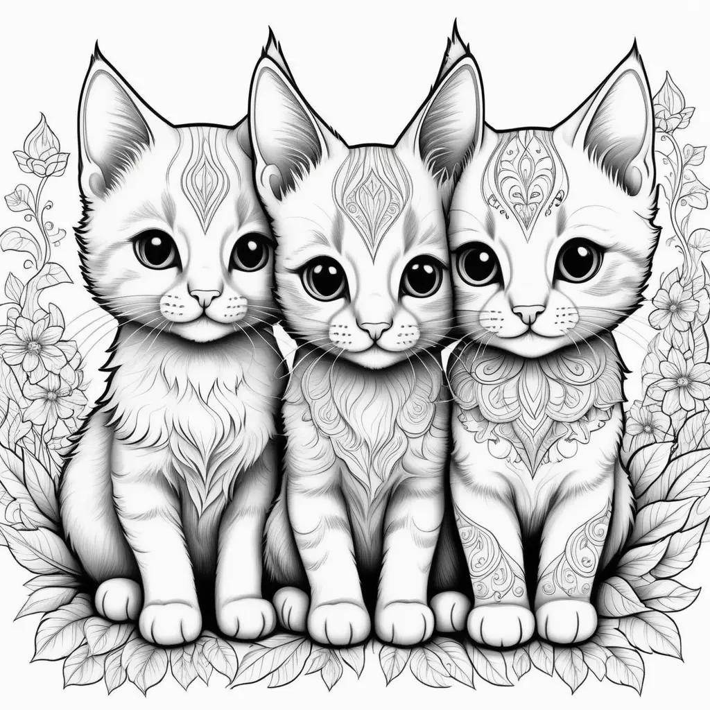 Three kittens in black and white coloring pages