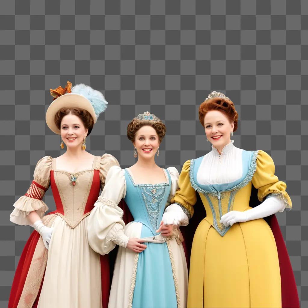 Three ladies in period costumes pose for a playbill photo