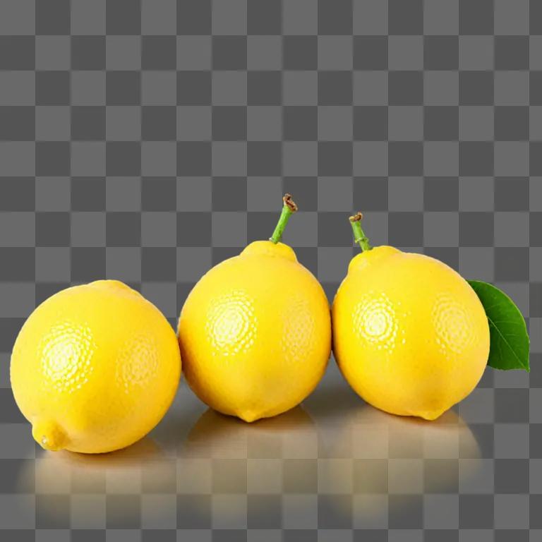 Three lemons against a yellow background with a leaf