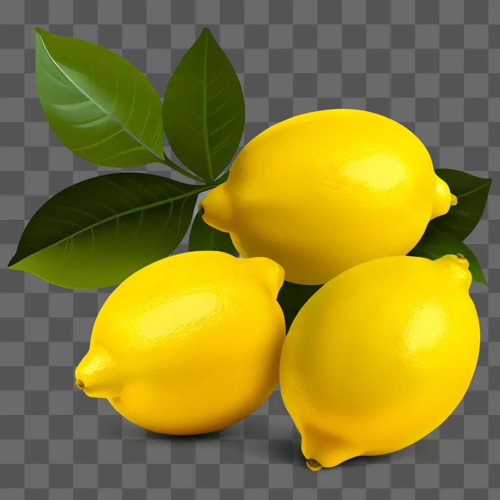 Three lemons on green background with leaves