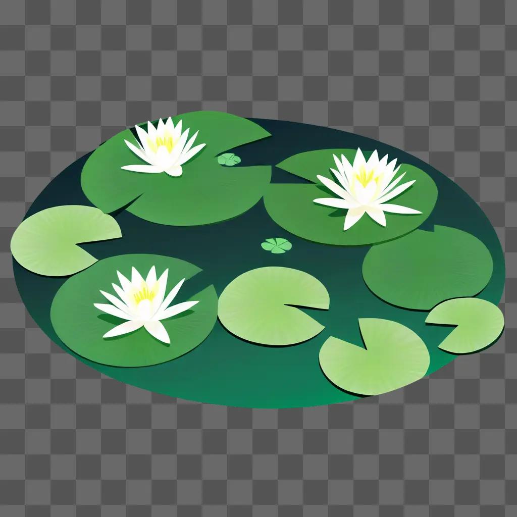 Three lily pads and water lilies in a pond