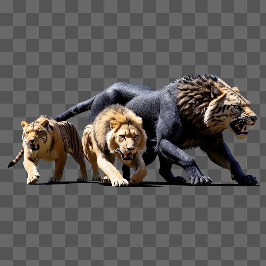 捕食者から逃げる3頭のライオンと1頭の虎