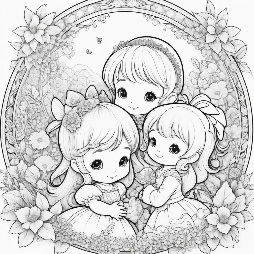 Three little girls in a flower circle coloring pages