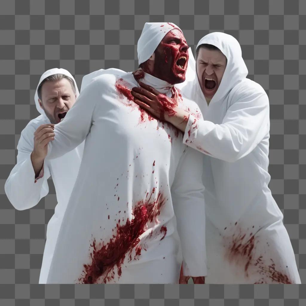 Three men covered in blood