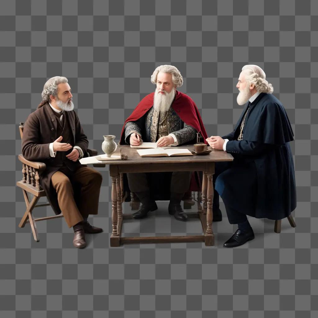 Three men discuss at a wooden table