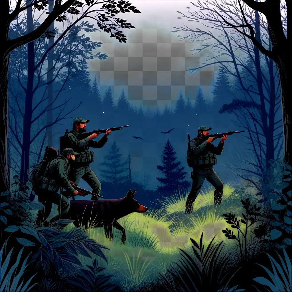 Three men hunt in the woods