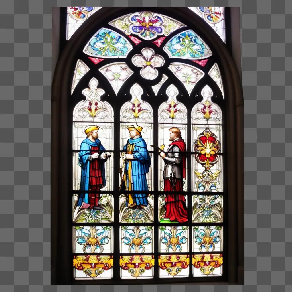 Three men in a stained glass window