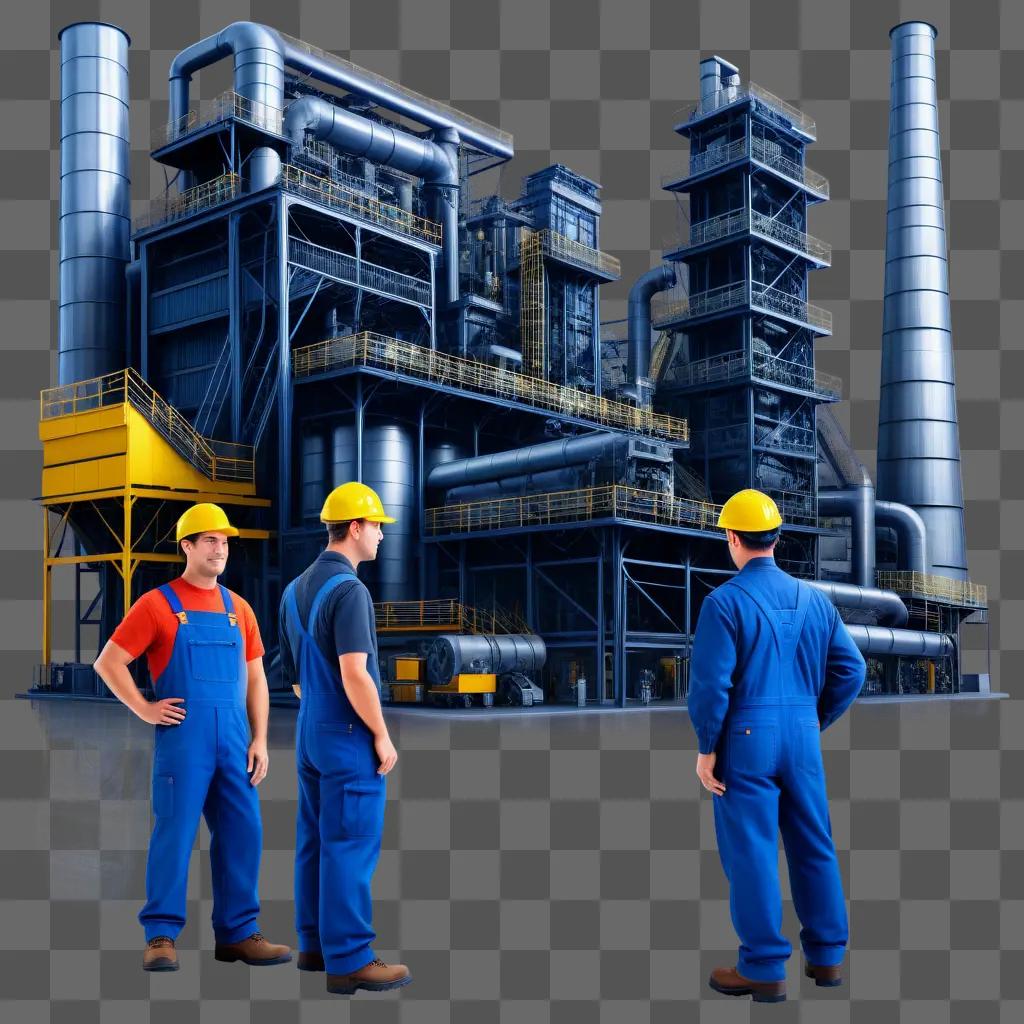 Three men in blue overalls stand in front of a factory