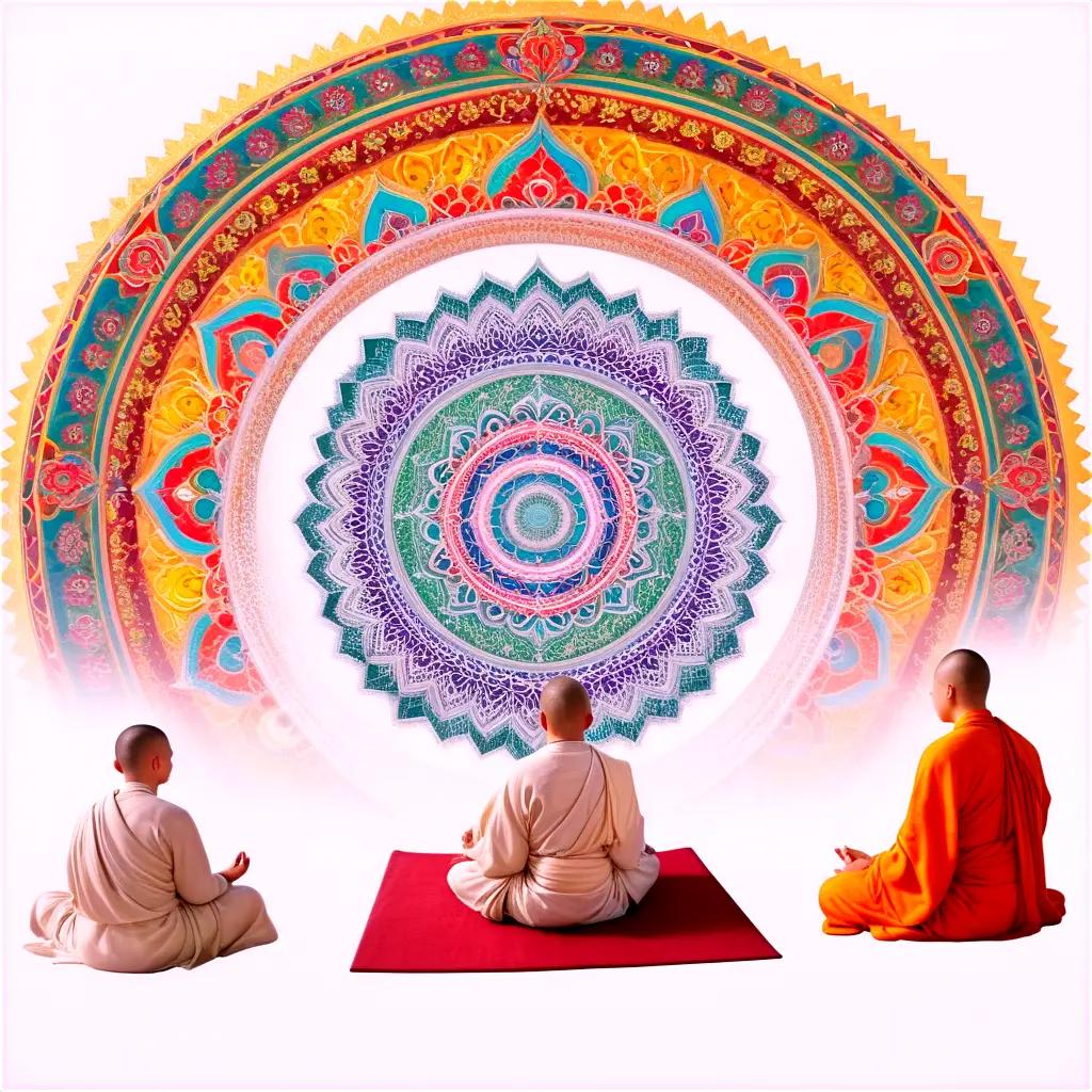 Three monks meditate on a multicolored mandala