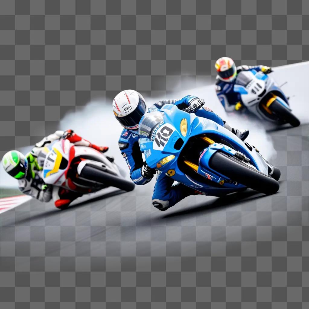 Three motorcyclists racing on a track