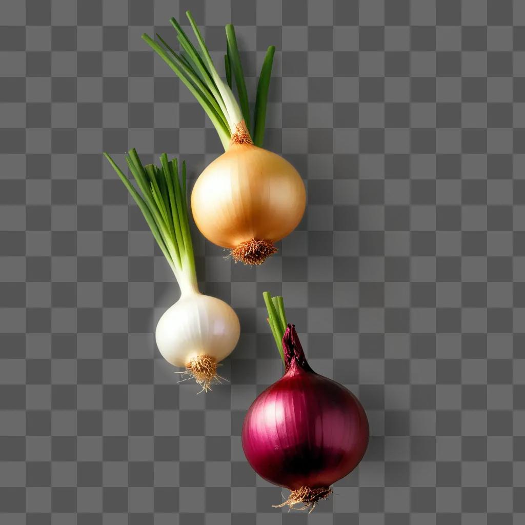 Three onions sit in a blurry shot