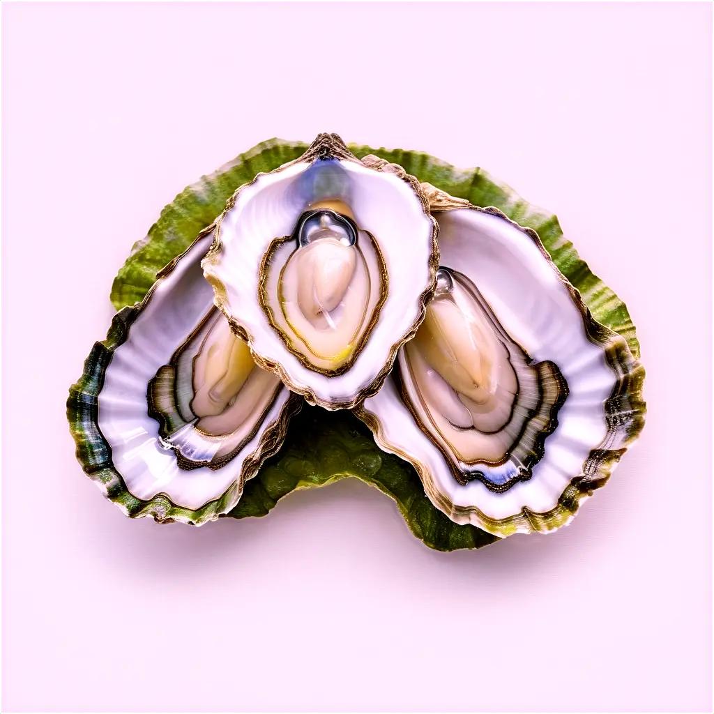 Three oysters on a pink background with green leaves