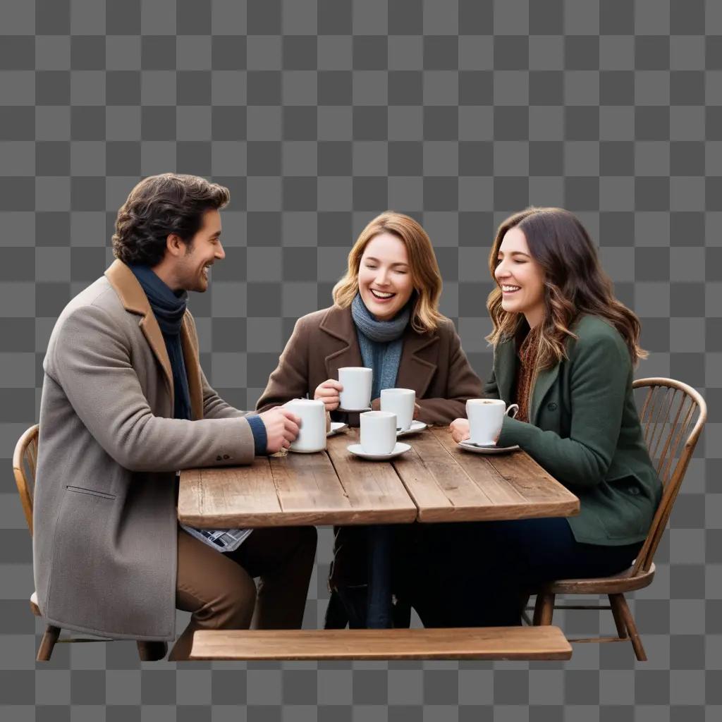 Three people at a cafe table drinking coffee