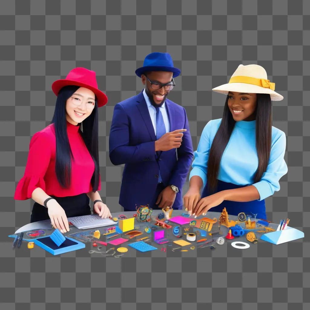 Three people collaborating on a project at a table