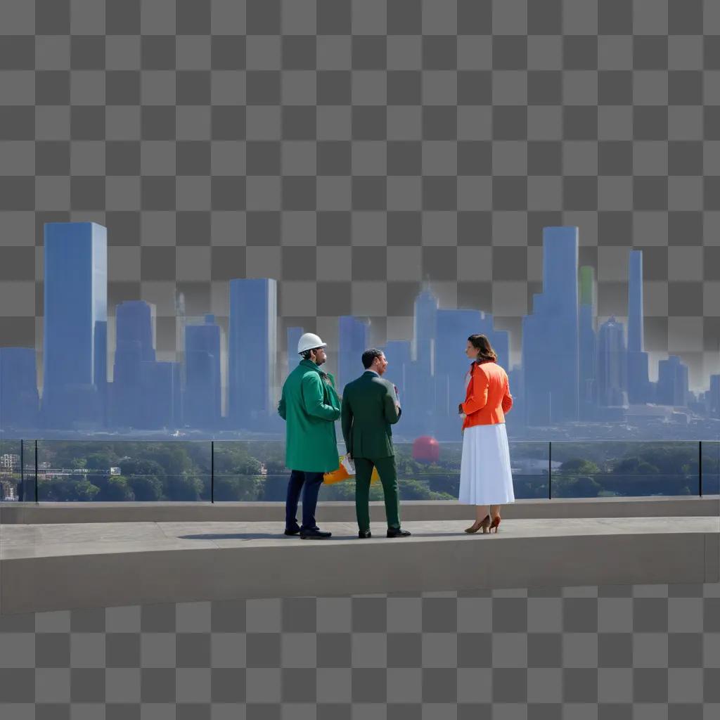 Three people discussing in front of city skyline