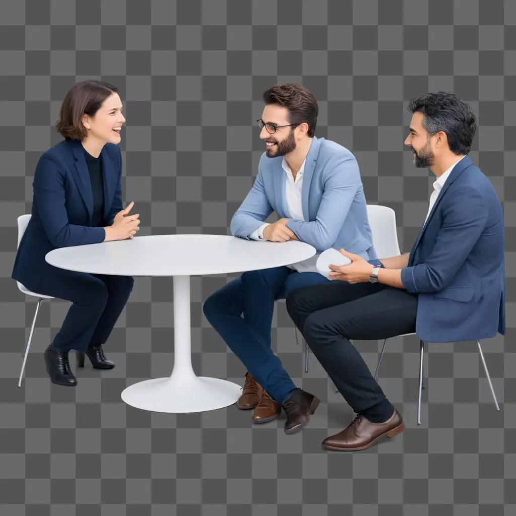 Three people have a discussion around a white table