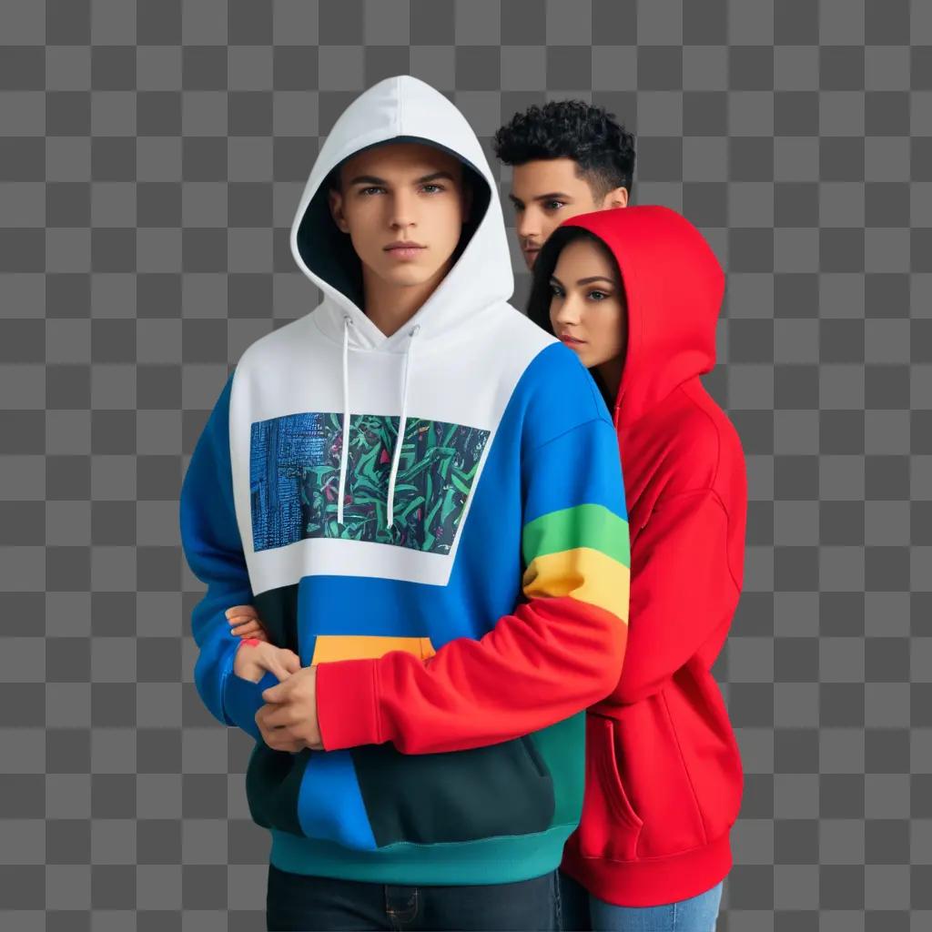 Three people in colorful hoodies stand against a red background